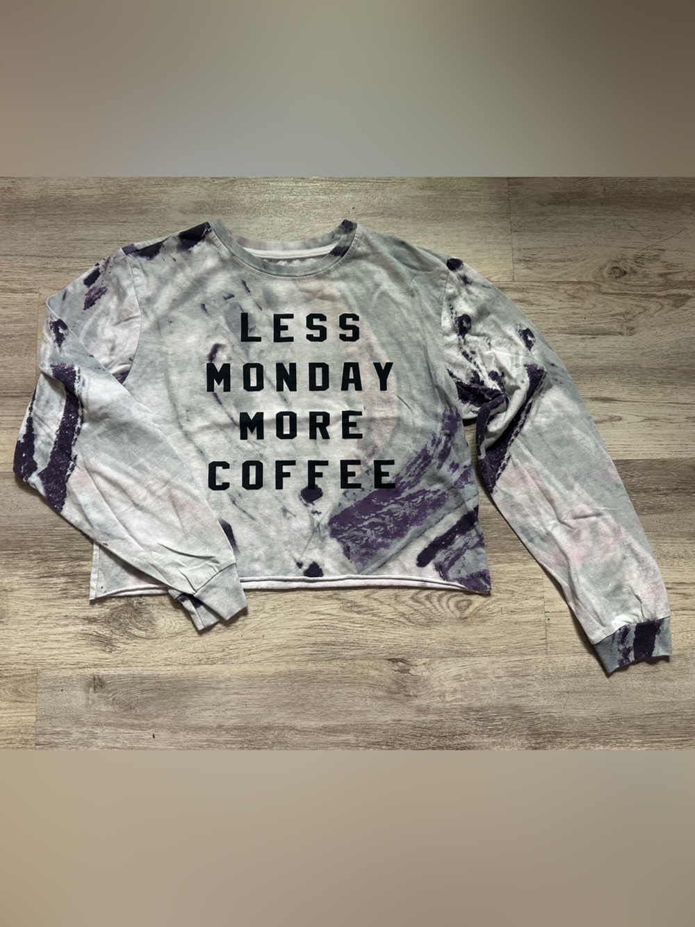 Freeze Tie-Dye Crewneck Sweater - Gray & Purple - "LESS MONDAY MORE COFFEE"